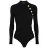 BALMAIN BLACK RIBBED-KNIT BODYSUIT,3112939