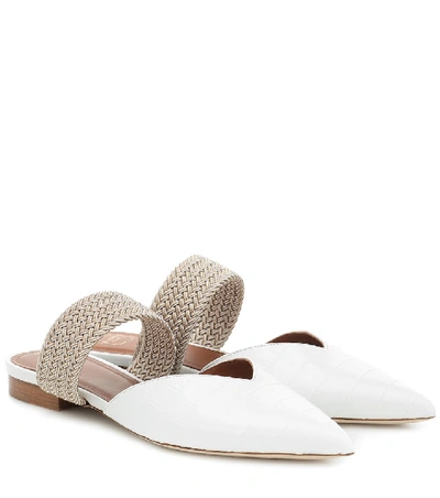 Malone Souliers Maisie Cord-trimmed Croc-effect Leather Point-toe Flats In White
