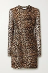Ganni Ruched Leopard-print Stretch-mesh Mini Dress In Leopard Print