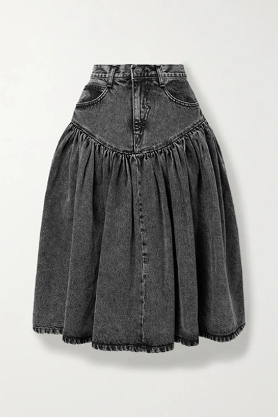Pushbutton Acid-wash Denim Midi Skirt In Gray