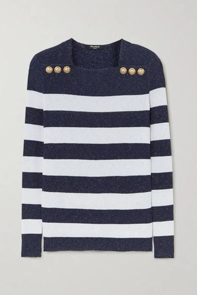 Balmain Button-embellished Metallic Striped Ribbed-knit Jumper In Wht/blue