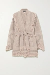 ALANUI BELTED FRINGED OPEN-KNIT WOOL CARDIGAN