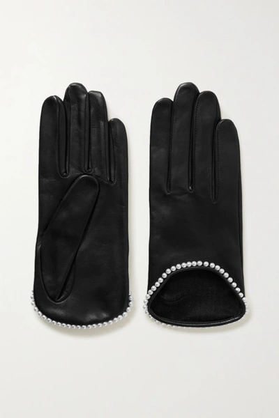 Agnelle Sofia Faux Pearl-embellished Leather Gloves In Black