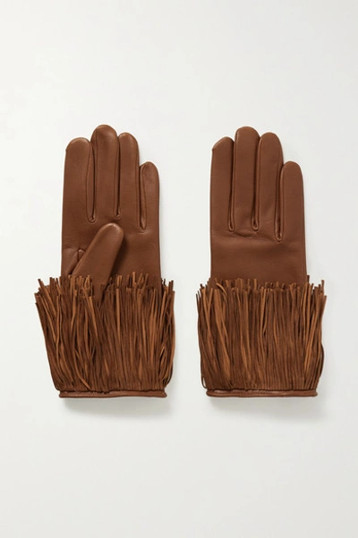 Agnelle Lena Fringed Leather Gloves In Tan