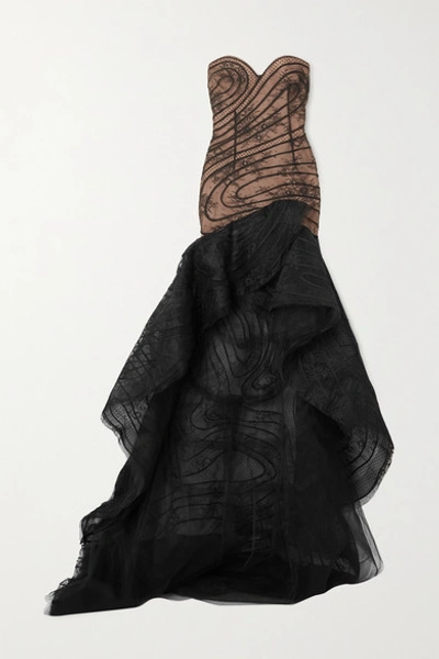 Oscar De La Renta Strapless Asymmetric Lace And Flocked Tulle Gown In Black