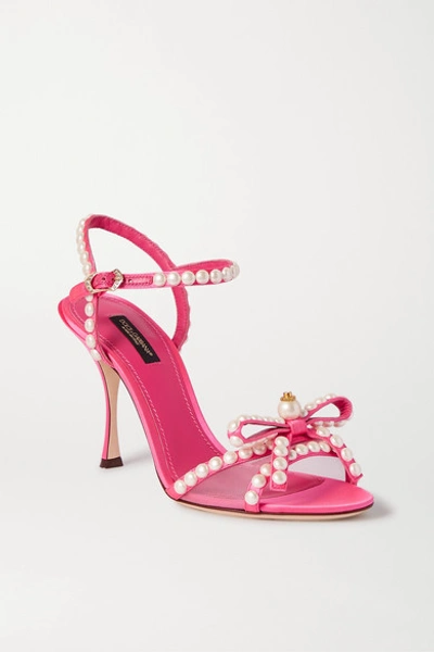 Dolce & Gabbana Faux Pearl-embellished Mesh-trimmed Satin Sandals In Pink Powder