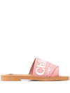 Chloé Woody Logo-print Canvas Slides In Pink
