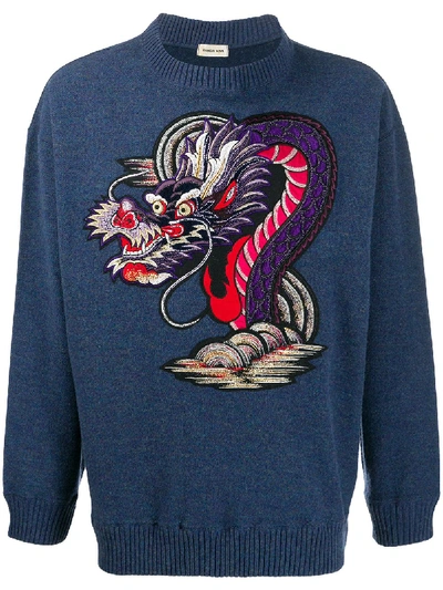 Pre-owned Kansai Yamamoto 1990s Embroidered Dragon Jumper In Blue