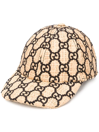 Gucci Aisha Genuine Snakeskin Trim Gg Embroidered Raffia Baseball Cap In Ivory/ Black