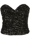 Saint Laurent Ruched Sequined Mesh Bustier Top In Black