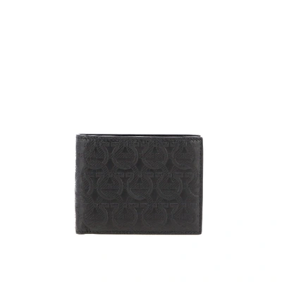 Ferragamo Leather Wallet With All Over Mediterranean Hook In Black