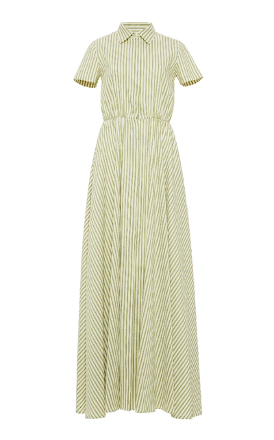 Luisa Beccaria Linen Stretch Stripes Long Chemise Dress In Green