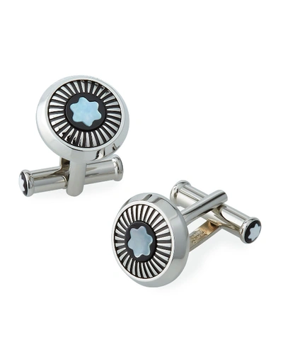 Montblanc Round Cufflinks Ray Pattern And Mother-of-pearl Snowcap Emblem In Silver