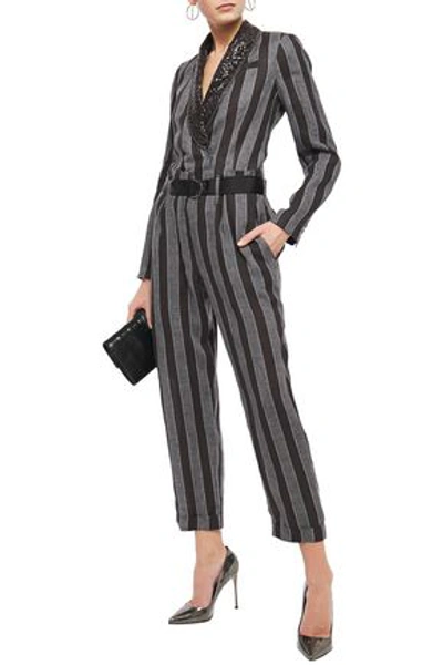 Brunello Cucinelli Belted Embellished Striped Linen Jumpsuit In Dark Gray