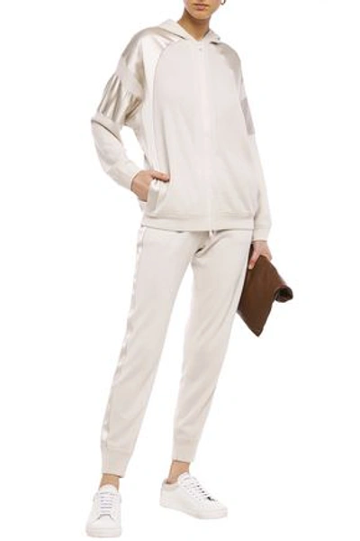 Brunello Cucinelli Woman Silk Satin-trimmed Bead-embellished Cashmere Hooded Sweatsuit Neutral