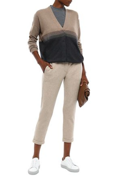Brunello Cucinelli Bead-embellished Two-tone Cashmere Cardigan In Tan