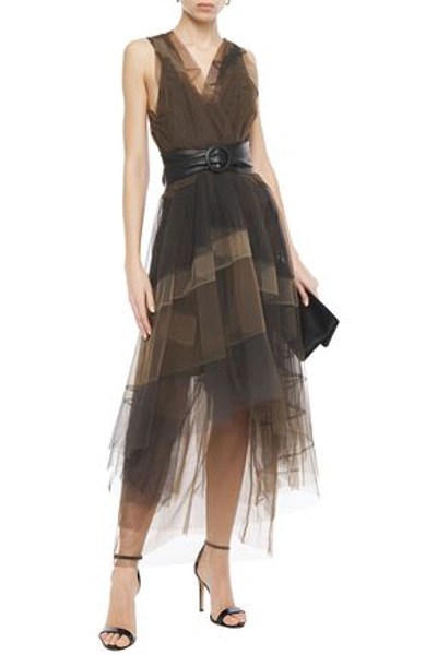 Brunello Cucinelli Asymmetric Wrap-effect Paneled Tulle Midi Dress In Chocolate