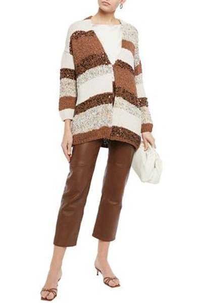 Brunello Cucinelli Sequin-embellished Striped Knitted Cardigan In Brown