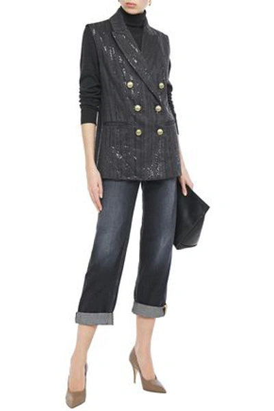 Brunello Cucinelli Double-breasted Embellished Herringbone Cotton-blend Vest In Charcoal