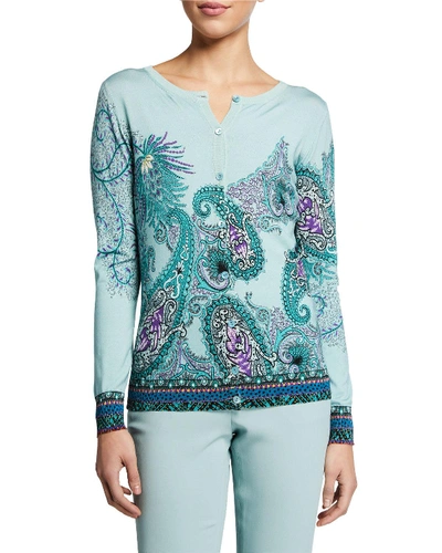 Etro Paisley Patchwork Stampa Silk Cardigan In Blue