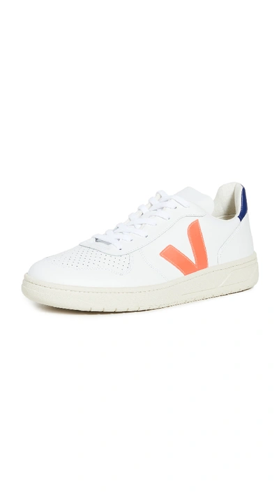 Veja White V-10 Orange Cobalt Leather Sneakers In White
