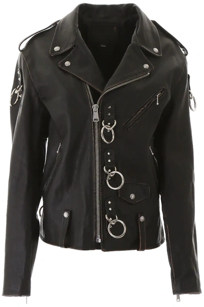 R13 Ring Detail Refurbished Leather Moto Jacket In Black