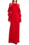 GIAMBATTISTA VALLI LACE SHOULDER RUFFLE LONG SLEEVE GEORGETTE GOWN,20SSRVCI519L-30SGE