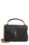 Saint Laurent College Medium Ysl Matelasse Lambskin V-flap Crossbody Bag With Golden Hardware In Noir