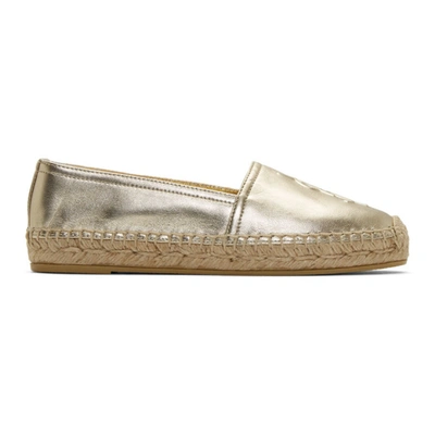 Saint Laurent Logo-embossed Metallic Leather Espadrilles In White Gold