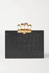 ALEXANDER MCQUEEN FOUR RING EMBELLISHED CROC-EFFECT LEATHER CLUTCH