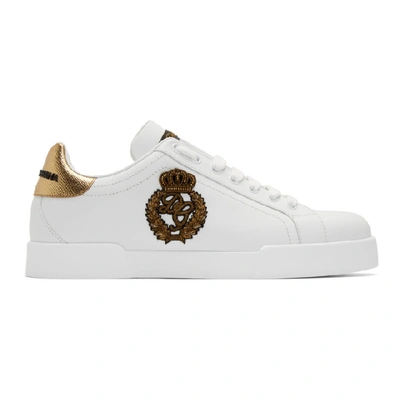 Dolce & Gabbana Iconic Leather Sneakers With Embroidered Crest And Luxurious Detailing In White