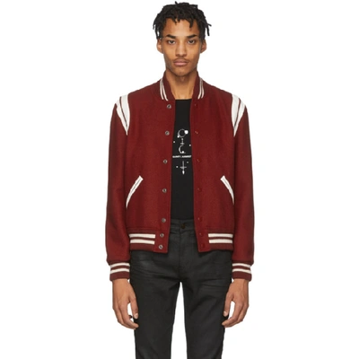 Saint Laurent Burgundy Wool Teddy Bomber Jacket In Bordeaux