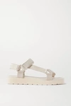 VINCE CARVER CANVAS-TRIMMED FAUX SUEDE AND LEATHER SANDALS