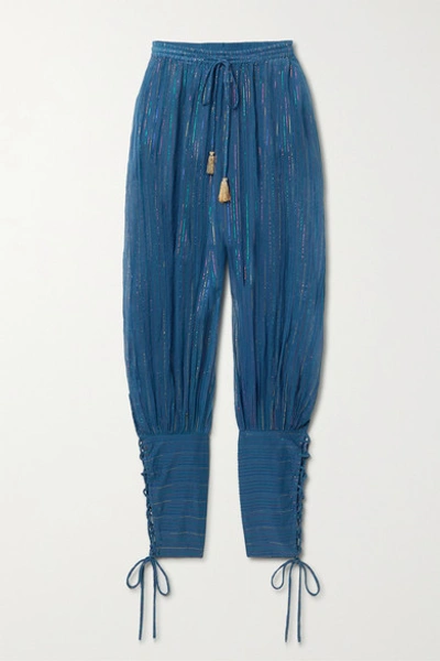 Miguelina Tara Striped Cotton And Lurex-blend Tapered Pants In Blue