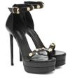 VERSACE EMBELLISHED LEATHER PLATEAU SANDALS,P00432624