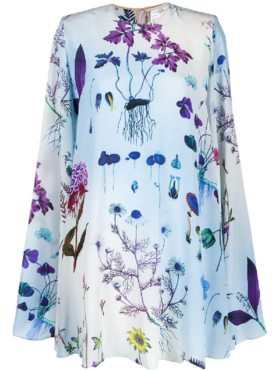 Stella Mccartney Floral Print Long Sleeve Silk Minidress In Light Blue