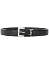 Saint Laurent Logo Plaque Croc-embossed Leather Belt In Black