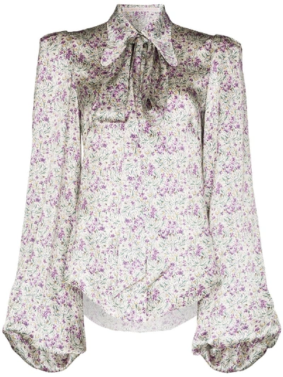 The Vampire's Wife Button-front Floral-print Satin Blouse In Purple