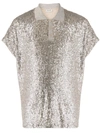 Saint Laurent Sequined Lurex Jersey Polo In Beige