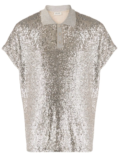 Saint Laurent Sequined Lurex Jersey Polo In Beige