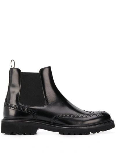 Scarosso Slip-on Leather Brogue Boots In Black Polished Calf