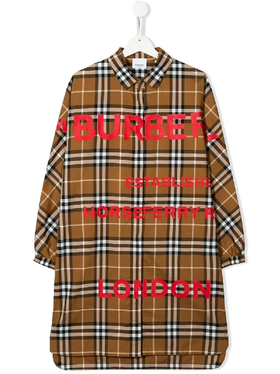 Burberry Teen Check Print Long-line Shirt In Brown