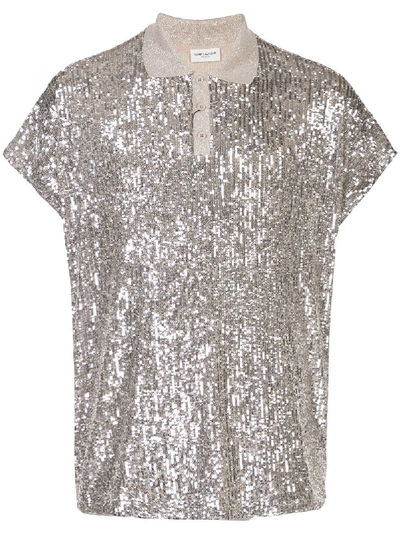 Saint Laurent Sequin Embellished Polo Shirt In Gray