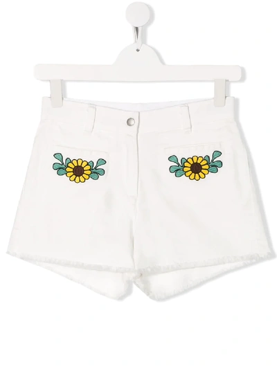 Stella Mccartney Kids' Margherite Embroidered Denim Shorts In Bianco