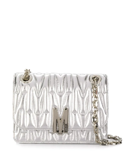 Moschino Quilted Monogram Shoulder Bag In Silver