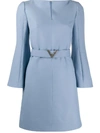Valentino Crystal-embellished Belted Wool And Silk-blend Crepe Mini Dress In Blue