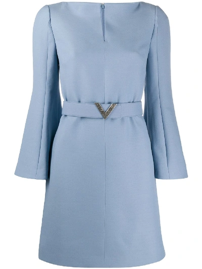 Valentino Crystal-embellished Belted Wool And Silk-blend Crepe Mini Dress In Blue