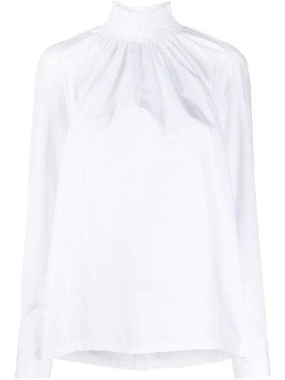 Prada Shirred-neck Long-sleeve Blouse In White