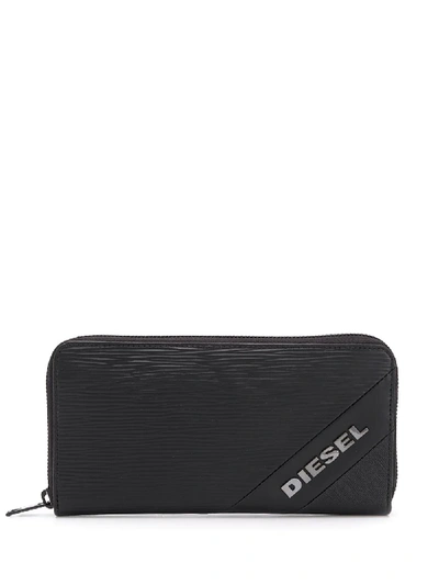 Diesel Zipped Textured Wallet In Black