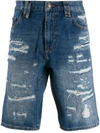 PHILIPP PLEIN DENIM DISTRESSED SHORTS